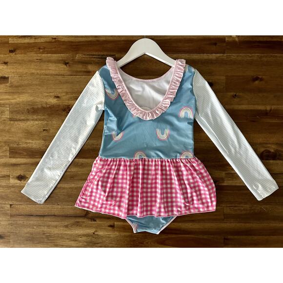 NWT SweetHoney Skirted Leotard Dusty Blue Rainbows Pink Gingham Long Sleeve 12 - Picture 5 of 6